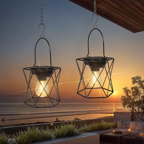 Ketom 2 Stück Solarlampen für Außen Hängend, IP65 Wasserdicht Metall Solarlaterne für Außen, LED Solar Laternen für Draußen für Garten, Patio, Weg, Camping, Rasen, Schwarz, X-Förmig