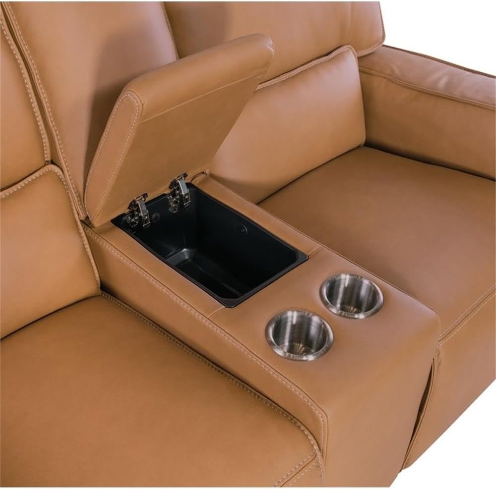 BOWERY HILL Zero Gravity Leather Power Console Loveseat, 75 in Wide, Brown Finish, USB Port, Power Headrests, Hidden Storage, Metal Cupholders, Reclining Seating for Living Room or Home Theater