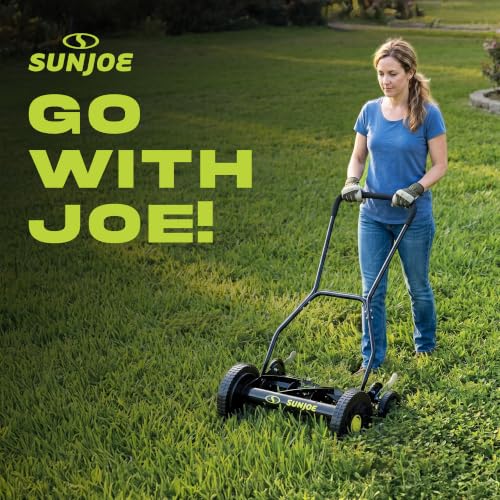Image of Sun Joe Manual Push Reel Lawn Mower with 9 Adjustable Positions, 14-Inch Cutting Width - Heavy-Duty Yard Trimming Machine for Gardening Care and Maintenance, MJ503M