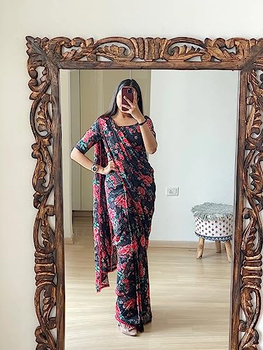 Image of StyleScope Women's Georgette Printed Lace Bordered Ready To Wear One Minute Saree With Print Unstitched Blouse Piece (RTW Mix Free Size)