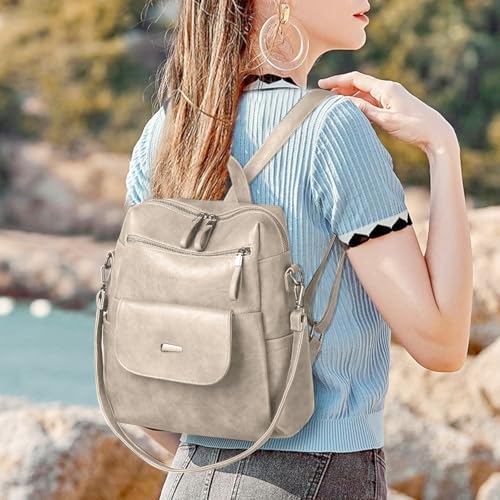 Image of WYFJNX PU Leather Backpack Purse for Women Fashion Multipurpose Design Handbag Ladies Shoulder Bags Travel Backpack Beige