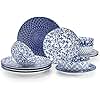 vancasso Selene Dinner Set for 4, 12 Pieces Porcelain Vintage Blue Plates and Bowls Set Kitchen Dinnerware Sets Crockery Set, Mircowave and Dishwasher Safe Dishes Set