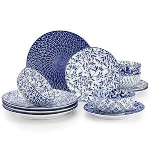 vancasso Selene Dinner Set for 4, 12 Pieces Porcelain Vintage Blue Plates and Bowls Set Kitchen Dinnerware Sets Crockery Set, Mircowave and Dishwasher Safe Dishes Set