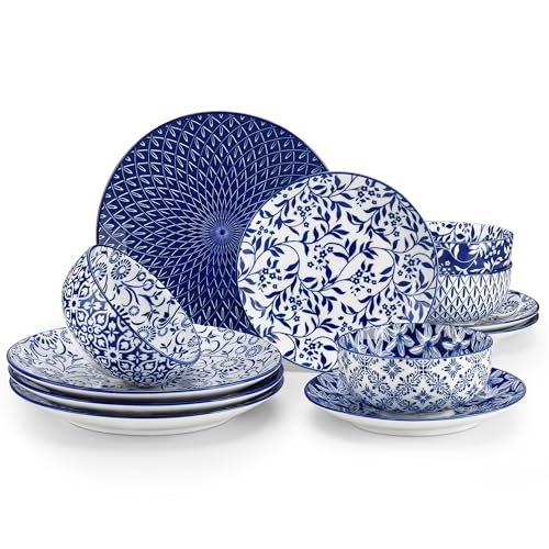 vancasso Selene Plates and Bowls Set for 4, 12 Pieces Dinnerware Sets, Mircowave and Dishwasher Safe Dishes Set, Porcelain Blue Dinner Plates Set by vancasso - Used condition - CA$65.93