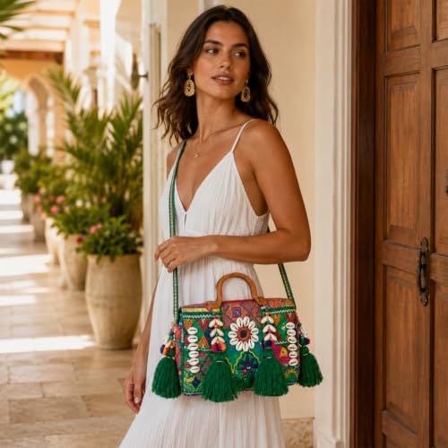 Image of MOMISY Handicraft Handmade Cotton Ethnic Rajasthani Embroidered Banjara Bags for Women Sling Clutch with Handle Purses for Ladies Girls