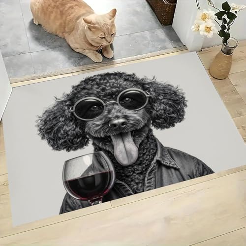 Tapis Caniche Portant Lunettes Soleil 50X80Cm En Fausse Laine Gris Pour Salle Bain Cuisine,Petit Paillasson D'Entrée D'Intérieur, Animaux Anthropomorphes À...
