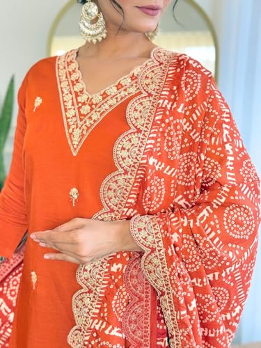 Image of Naixa Women's Viscose Embroidered Straight Kurta with Viscose Pant and Silk Blend Embroidered Laced Dupatta Sets (Available in Plus Size)