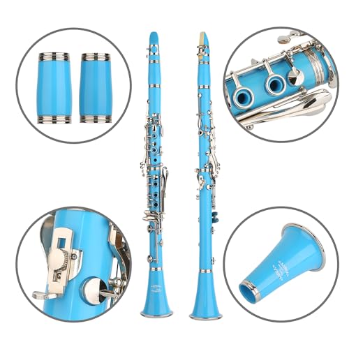 Image of Glory GLY-CLALB Professional Ebonite Bb Clarinet with 10 Reeds, Stand, Hard Case, Cleaning Cloth, Mouthpiece Brush and Pad Brush,Light Blue /Silver