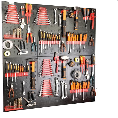 botle® Werkzeugwand Lochwand aus Metall 120 x 120 cm, Wandregal + Werkzeughalter 50-tlg Set, Kleinteilelager, Wandwerkstatt Hängeregal Sortierregal Schüttenregal Steckregal