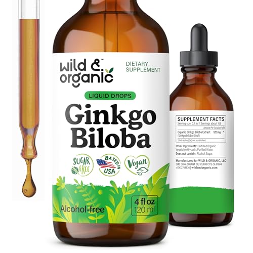 Wild & Organic Ginkgo Biloba Extract Drops - Brain & Focus Support - Liquid Ginkgo Biloba Supplements - Vegan Sugar & Alcohol-Free Herbal Tincture - 4 fl oz