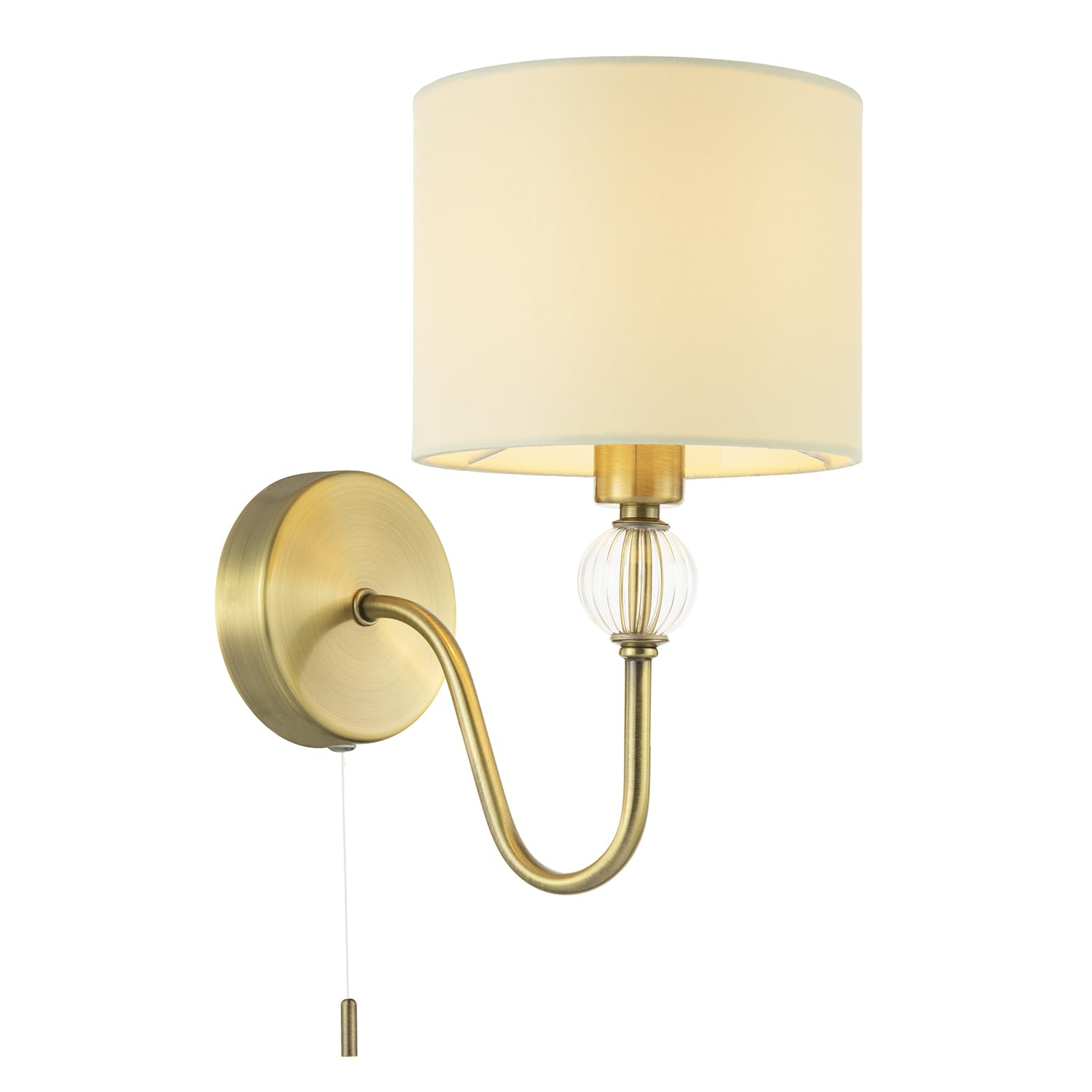 Happy Homewares Antique Brass Traditional Bedside Wall Light In With Pull Switch Button And White Cotton Shade | 25Cm X 15Cm X 23Cm | 1 X 7W E14