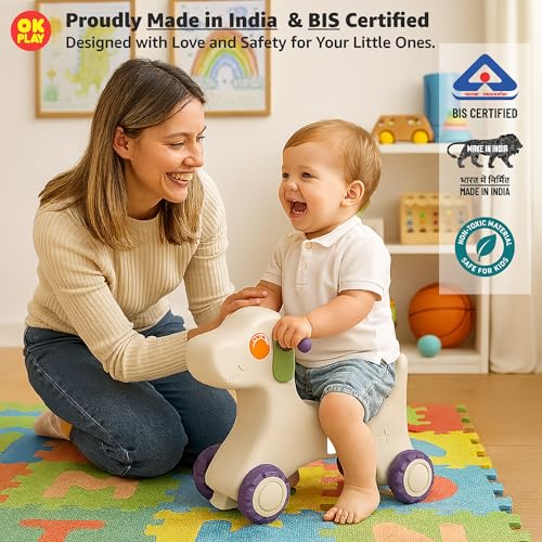 Image of OK PLAY Puppy Ride On Push On for Kids | Backrest | Easy Grip | Anti Skid | Four Wheel Ride | Baby Ride On | Indoors and Outdoors Games | Light-Weight | Durable | Portable | Purple & Ivory | 1 Years+