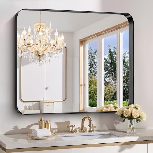 FORBATH 36x40 Inch Bathroom Mirror, Brushed Black Deep Frame Wall Mirror with Rounded Corners, Anti-Rust Tempered Glass for Modern Farmhouse Vanity (Horizontal/Vertical)