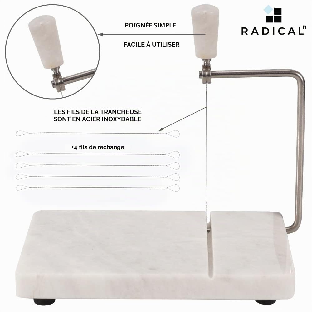 Radicaln Trancheuse à fromage, aliments mous en marbre blanc, planche à découper artisanale avec fil métallique - Coupe-légumes, 4 fils de rechange, 20,3 x 12,7 cm