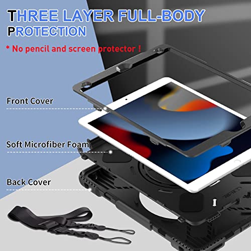 Case For Ipad 9Th Generation 2021: Supfives Upgraded Military Grade Protective Shockproof Silicone Cover With Kickstand- Handle- Shoulder Strap For Ipad 10.2 8Th/7Th Generation -Black #TOP3