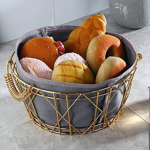XIAOMIANYANG Bread Basket with Fabric Liner Cloth Cover Wire Rectangle Metal Iron Bread Proofing Serving Basket for Roll Storage Table Display Pantry Round Gold Grey