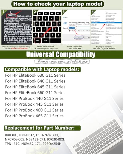 Image of 56.04Wh RX03XL N70706-005 Battery for HP EliteBook 640 645 630 660 G11 & ProBook 440 445 460 465 G11 Series Notebook-Compatible with N78704-005 HSTNN-WB0H TPN-DB1Z - 11.58V 4646mAh Replacement