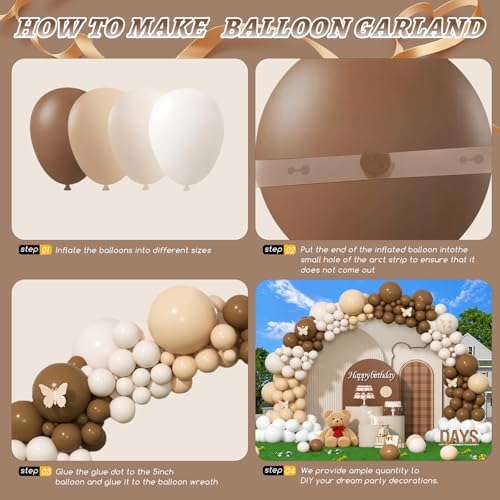 Image of 412Pcs Netural Balloon Garland Arch Kit, 5 10 12 18inch Brown Balloon Garland Arch Kit for Birthday Teddy Bear Baby Shower Neutral Party Decoration