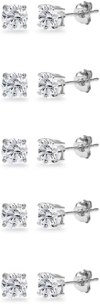 5-Pair Set Sterling Silver Gemstone 3mm Round Stud Earrings