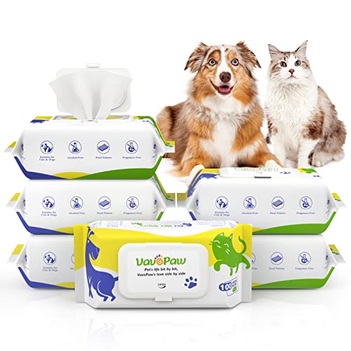 VavoPaw 6PCS Lingettes Nettoyantes pour Chien, 100 Pièces Lingettes Désodorisantes pour Animaux, Lingettes Épaisses Non Parfumées pour Toilettage des Yeux, Oreilles, Pattes Poil pour Chats, Naturelles Cover