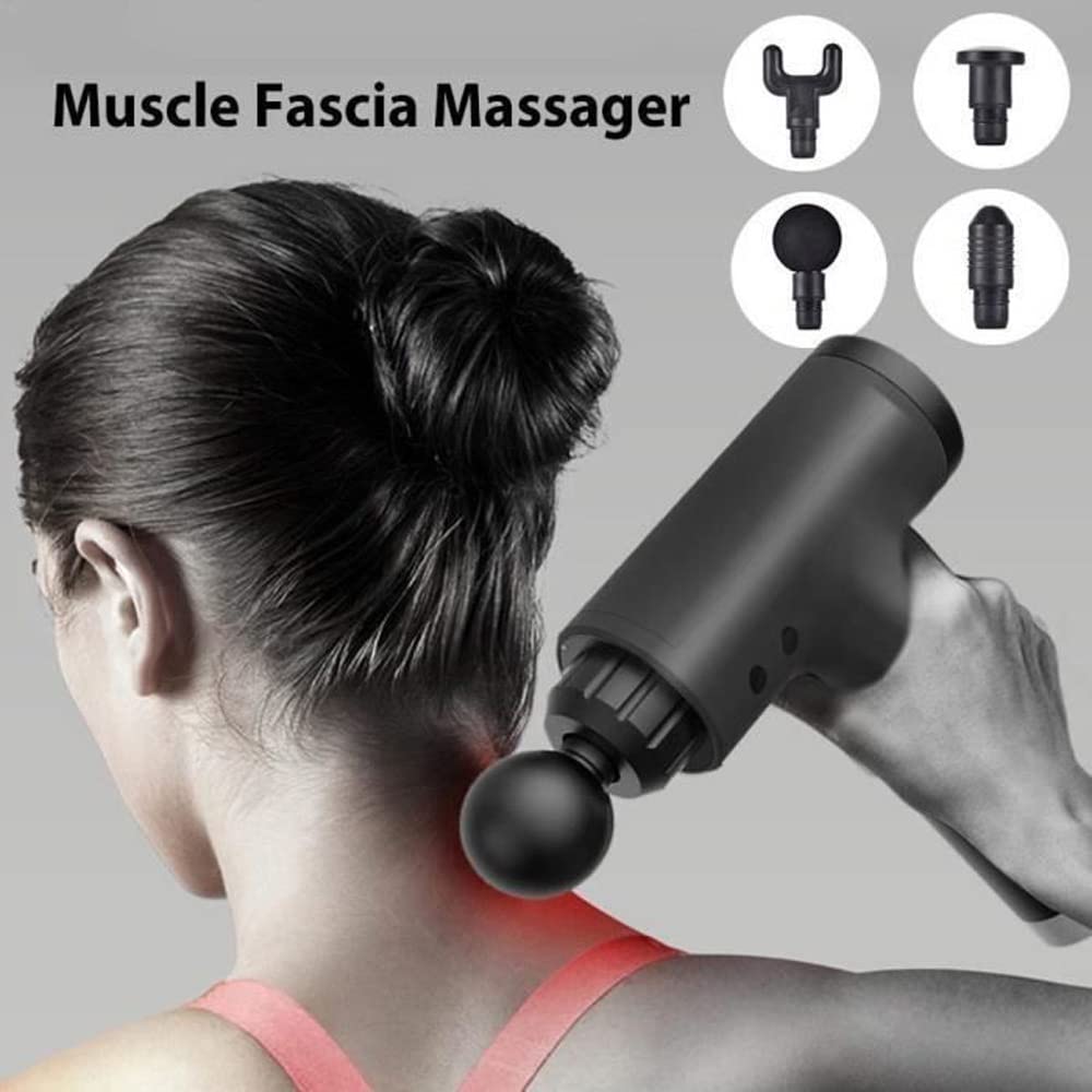Pistolet de Massage Musculaire,Ultra Silencieux Masseur Portable avec 4 Embouts, 3400R/min, 6 Vitesses Réglables, Appareil de Massage pour Soulagement de la Douleur Fascia Gun