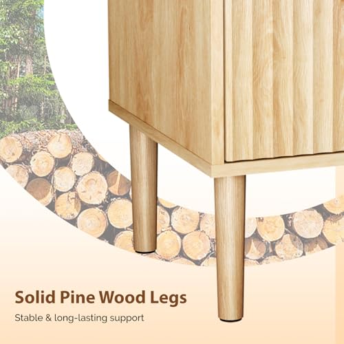 Image of VINGLI Nightstands Set of 2 with Charging Station, Fluted Nightstand 2 Drawer, 15.8 inch W*15.6 inch D Mid Century Modern Nightstands for Bedroom, Fluted Bed Side Table, Oak Night Stands Set 2