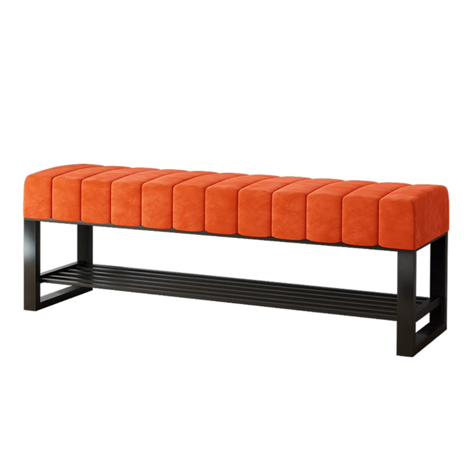 Banc de rangement en velours orange pour une entrée ordonnée et un salon accueillant et moderne