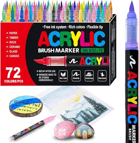 Acrylic Paint Pens Soft Brush Tip Acrylic Markers 72 Colors Ideal for Canvas Rock Painting Wood Stone Glass Ceramic Fabric Painting DIY Crafts