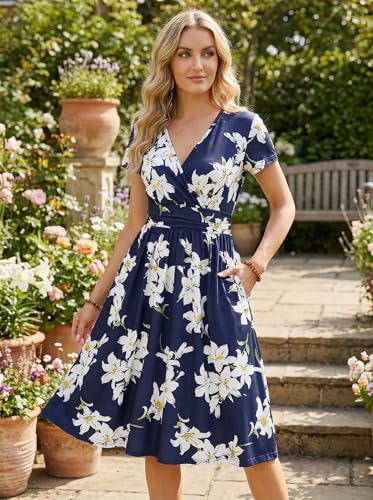 Image of OUGES Casual Summer Dress for Women Wrap V Neck A Line Midi Dresses with Pockets
