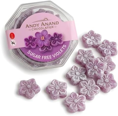 ANDY ANAND CHOCOLATIER Sugar Free & Gluten Free Violets Flower Shaped Hard Candy-Naturally Sweetened Candy Gift Box, Diabetic Friendly Zero Sugar Candies with the Essence of Violet (3.5 Oz)