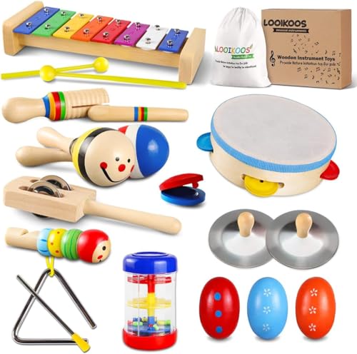 Image of LOOIKOOS Toddler Musical Instruments Set Wooden Percussion Instruments Xylophone Toy for Kids Montessori Toys for 1 Year Old Boys Girls with Maracas Easter Eggs