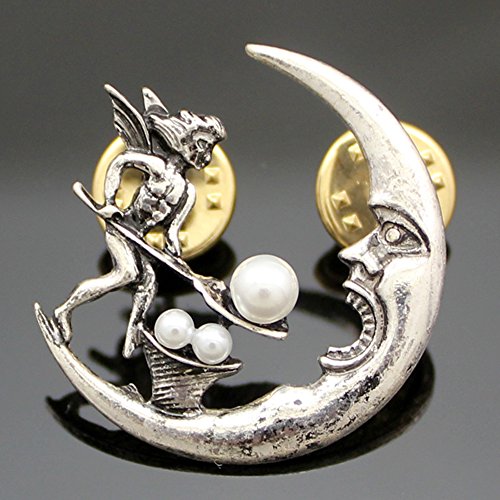 Vintage Silvery Q&Q Fashion Tribal Angel Fairy Feeding Moon Cresent Simulated - Pearl Baroque Lapel Brooch Pin #TOP1