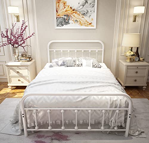 Neebirgelia White Metal Bed Frame Full Size With Headboard And Footboard Single Platform Mattress Base,Metal Tube And Iron-Art Bed (Full, Grayish White) #TOP2