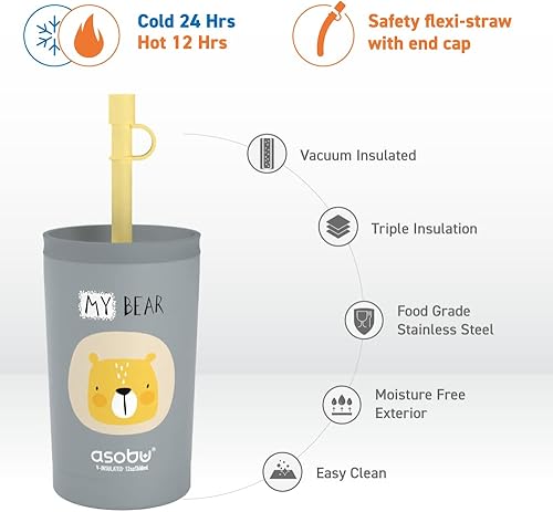 Miniatura 3 de asobu Vaso de acero inoxidable para niños con tapa flexible con popote  Botella de agua aislada  Vaso de viaje reutilizable de 12 onzas (gris)