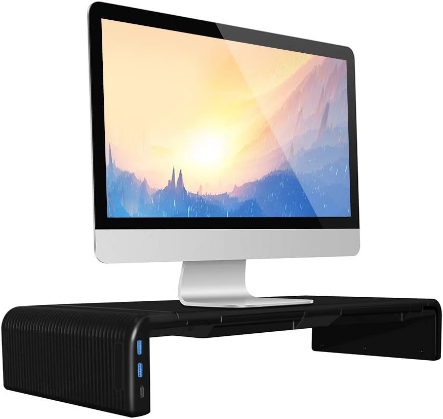 Computer Monitor Stand with Storage Drawer Laptop Printer Shelf Adjustable Width Save Space Stand - Black (2 USB and Tye C Ports for Data Transfer)