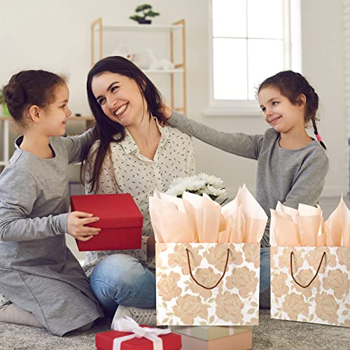 6 Pcs 12.8'' Rose Gold Large Gift Bags With 24 Pcs Tissue Paper 6 Pcs Greeting Card Floral Gift Bags For Wedding, Birthday, Bridal Shower, Anniversary #TOP6