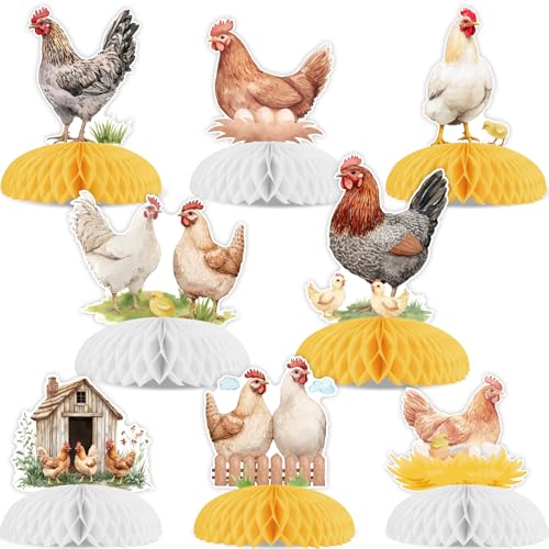 Funmemoir Chicken Party Decorations - 8PCS Chicken Honeycomb Centerpieces, Farmhouse Chick Hen Rooster Party Table Decorations for Farm Animals Barnyard Birthday Baby Shower Party Decorations