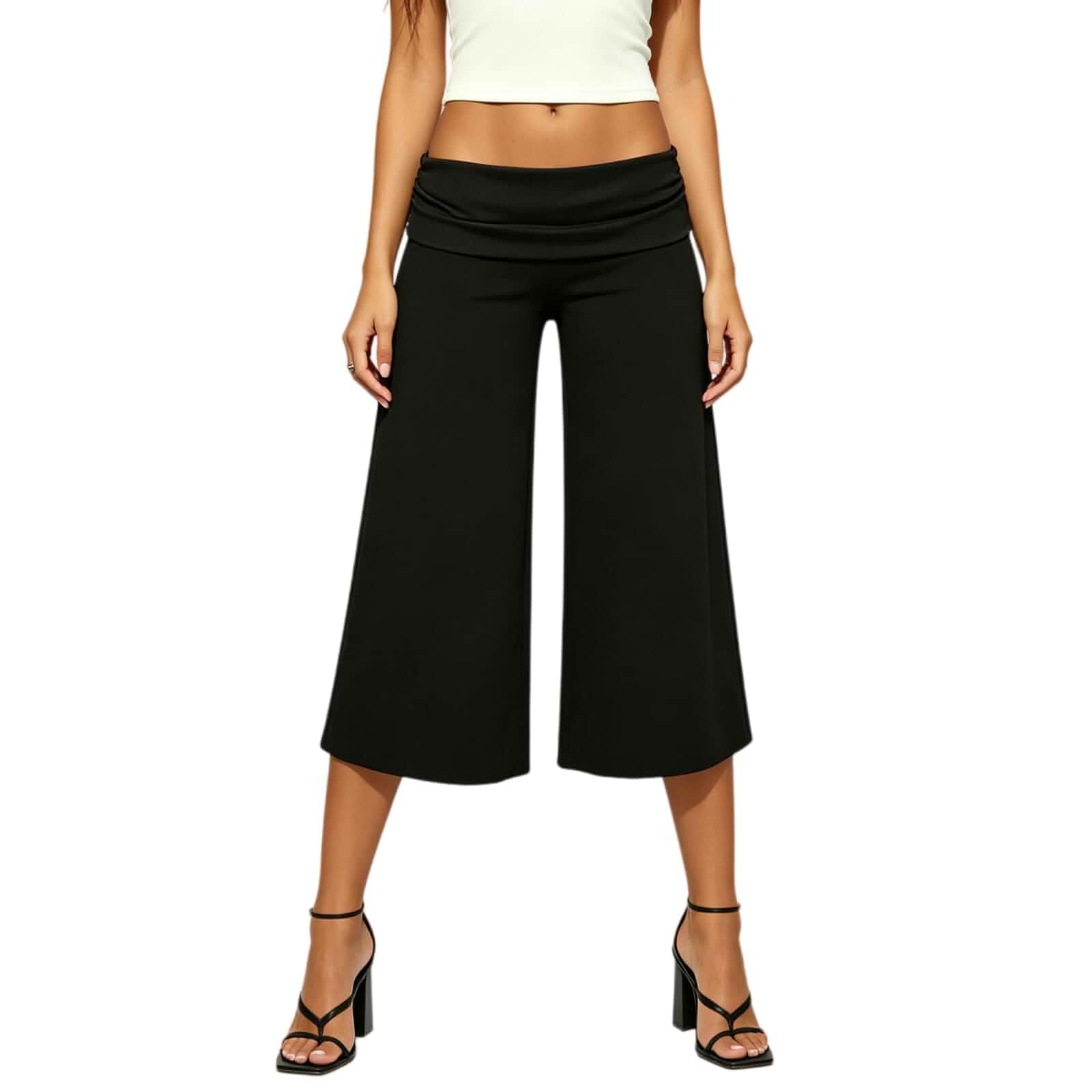 Gaucho Pants for Women, Low Rise Fold Waist Y2K Wide Leg Capris Lightweight flowy blend fabric with excellent draping, Elastic fold waistband, loose solid silhouette, street boho styling