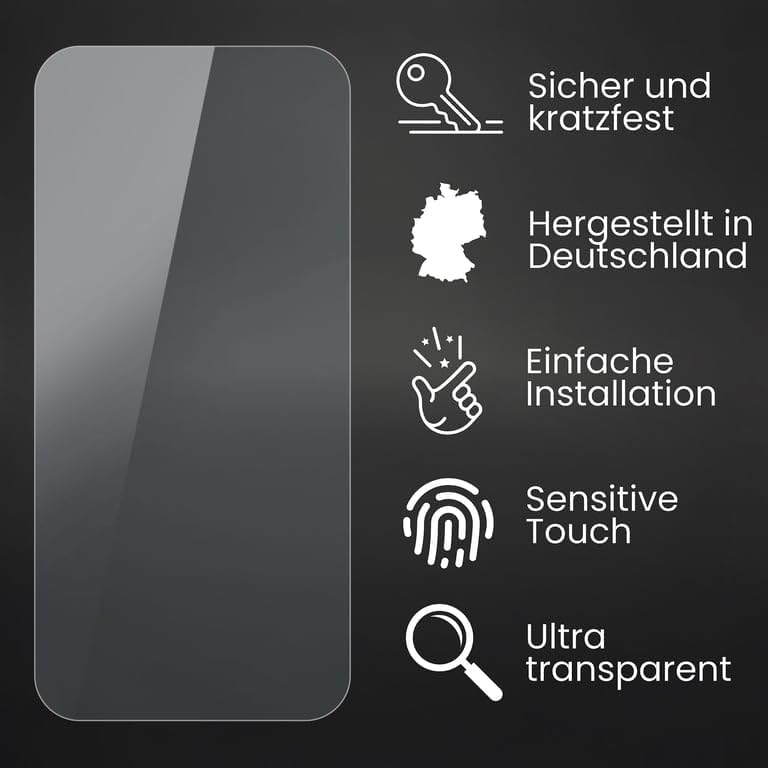 Icons representing key features: secure and scratch-resistant, Made in Germany, easy installation, sensitive touch, ultra transparent.