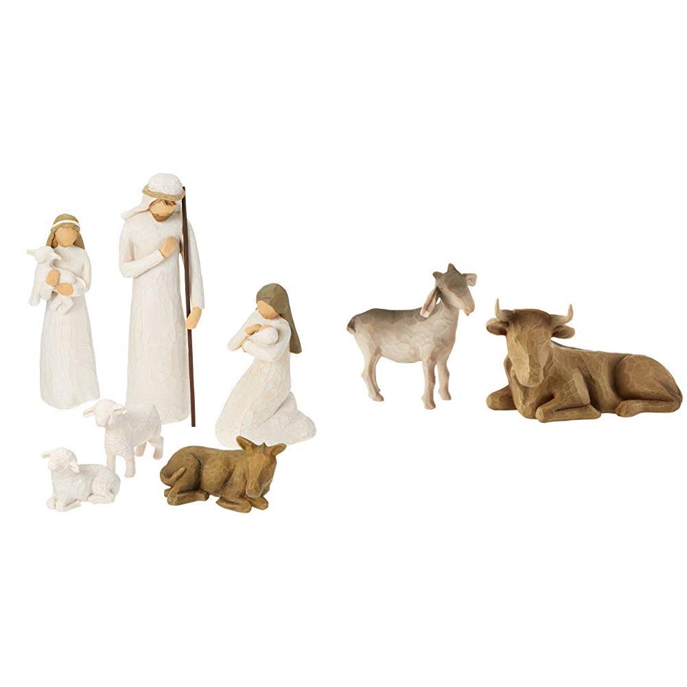 Willow Tree 26180 Weihnachtsartikel Ochse und Ziege + Willow Tree 26005 Weihnachtsartikel Heilige Familie, 5,1 x 7,6 x 24,1 cm, Natur, Holz