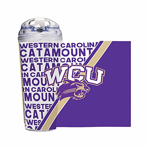 Rico Industries NCAA Western Carolina Catamounts Standard 24oz Acrylic Tumbler with Hinged Lid, Officially Licensed Double Wall Tumbler with Straw,White