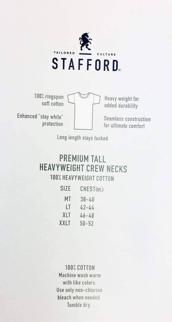 Stafford Men’s Tall/Extra Tall 100% Heavy Weight Cotton Crew Neck Undershirt, White, Short Sleeve, 4 Pack (Medium Tall (MT))