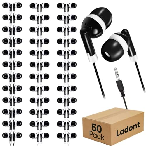 Ladont 50-Pack Kids Bulk Earbuds for Classroom Individually Bagged Wired Headphones for Students School Headsets for ESL & State Testing in-Ear Stereo for Chromebook & Audiometer (Black)