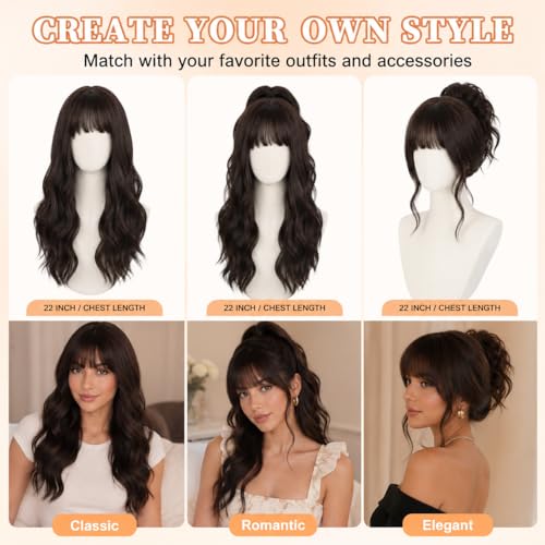 SUKRI Long Wavy Wig with Bangs for Women Dark Brown Curly Wigs Natural Wavy Synthetic Wigs for Daily Party Cosplay 20 Inch (Dark Brown) - Image 4