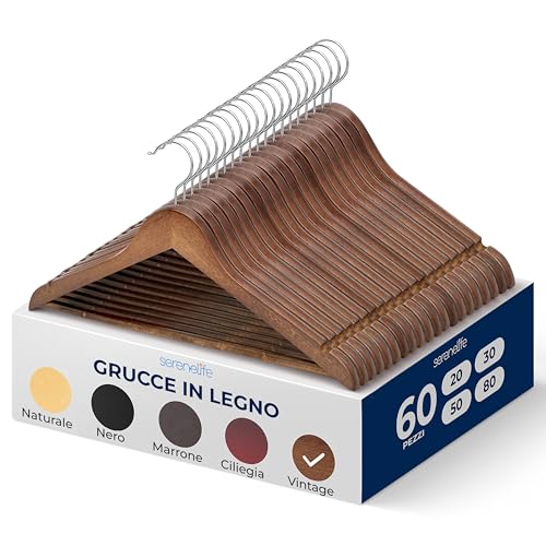 SereneLife Grucce Appendiabiti, 60 Stampelle Armadio in Legno, Appendiabiti Resistenti con Gancio Girevole a 360° e Tacche, Design Sottile per Felpe, Camicie, Giacche, Vestiti e Altro