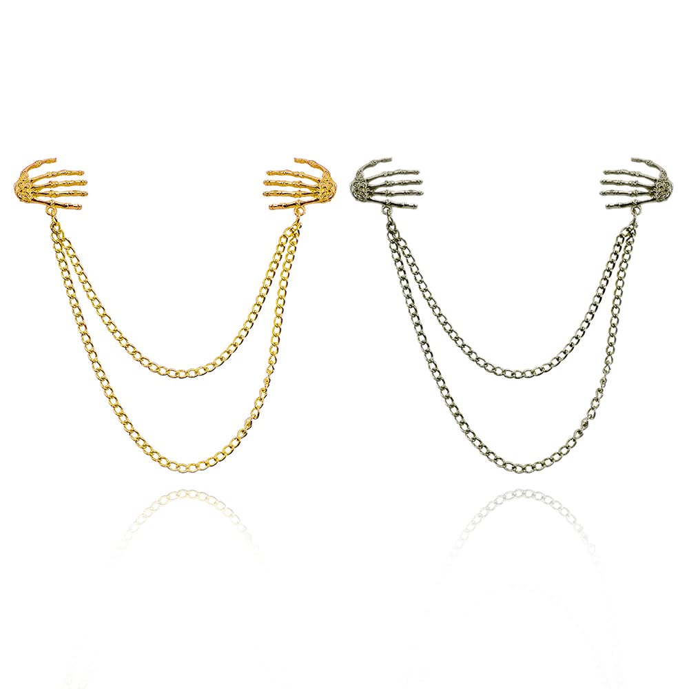 2 Pair Punk Hand Long Chain Brooch Pin,Vintage Gold Silver Chain Tassel Collar Pin,Skeleton Hand Collar Coat Pin for Men Women Corsage Pin
