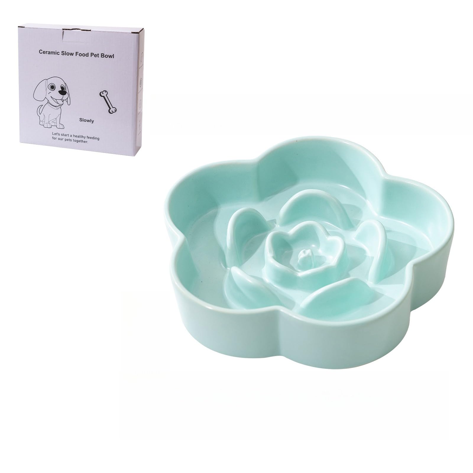 Raised Ceramic Pet Slow Feeder Bowl,Flower-Shaped Dog Bowl,easy to clean, Anti Vomiting pet Slow Feeder for Dogs and Cats,pink (Light green, Only bowl L (20 * 4.5cm))