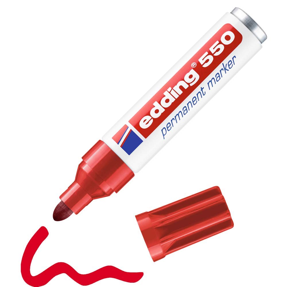 edding 550 Marcador Permanente, Rojo, 1 Rotulador, Punta Redonda 3-4 mm, Resistente al Agua, de Secado Rápido, Rotuladores Indelebles, para Cartón, Plástico, Madera, Metal, Vidrio