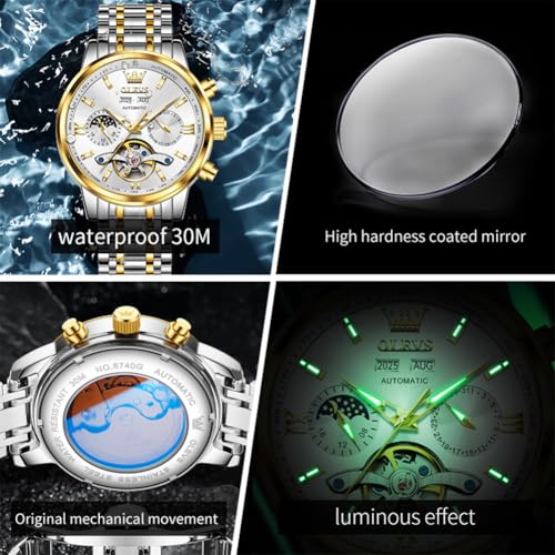Image of OLEVS Automatic Watches for Men Luxury Skeleton Multi-Function Mechanical Watch Self Winding Date Waterproof Luminous Mens Watch