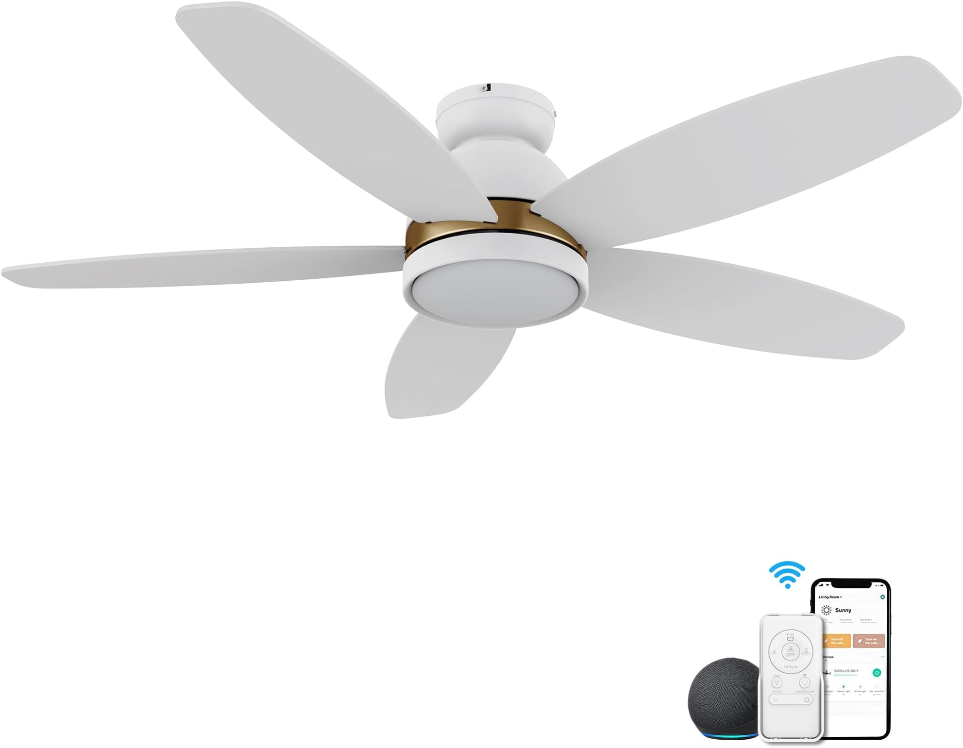 CEME 48" White Ceiling Fan with Light Flush Mount, Indoor & Outdoor Ceiling Fan with 10-Speed Quiet DC Motor, Controlled by APP, Remote, Alexa, Siri & Google Home
